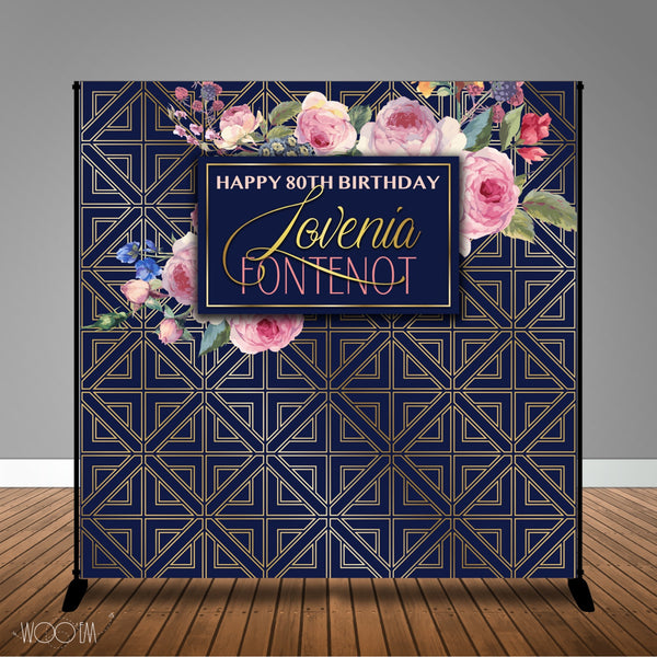 Navy Blush and Gold Floral Geometric 8x8 Backdrop / Step & Repeat, Design, Print and Ship!