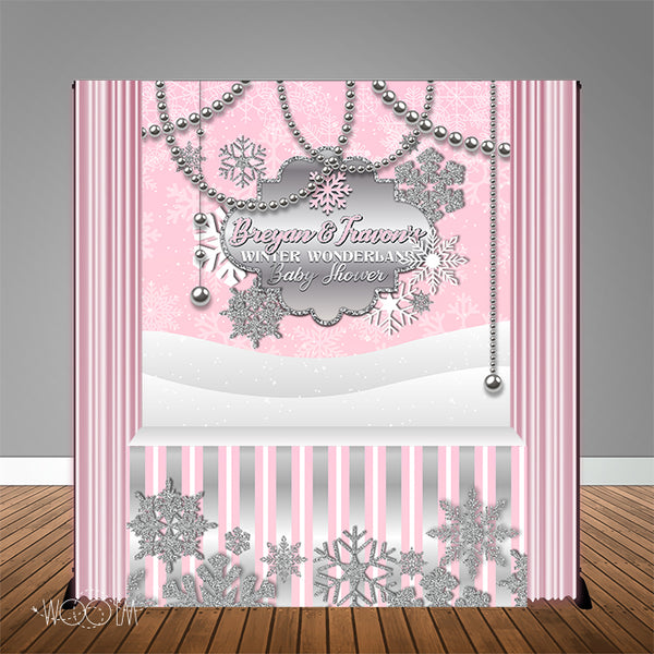 Winter Wonderland Pink Snowflake 6X6 Table Backdrop w/6ft Table Wrap, Design, Print & Ship!