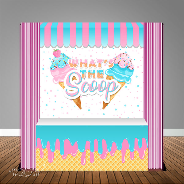 Ice Cream Gender Reveal ”What’s the Scoop” 6X6 Table Banner Backdrop with 6ft Table Wrap, Design, Print & Ship!