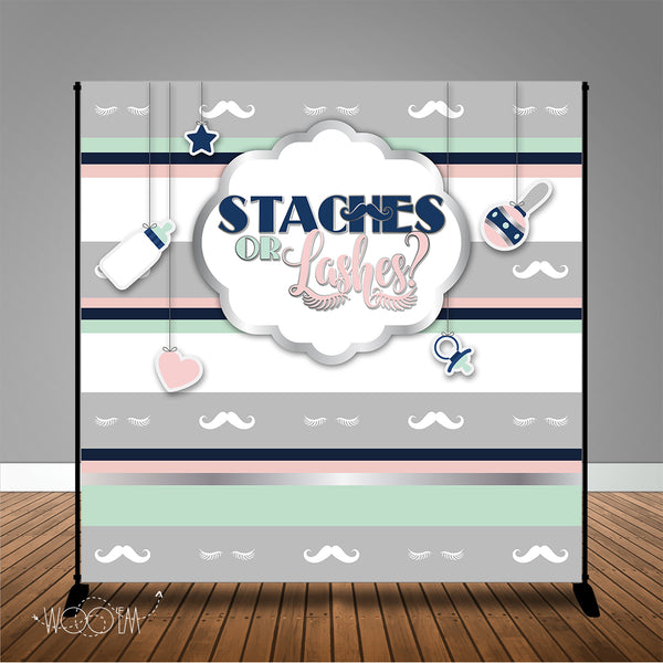 Staches or Lashes Gender Reveal 8x8 Backdrop / Step & Repeat, Design, Print and Ship!