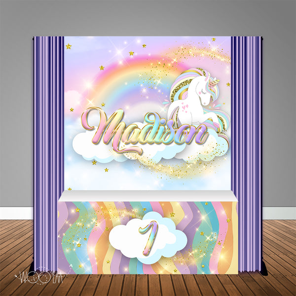 Unicorn Pastel Rainbow Gold 6X6 Table Banner Backdrop with 6ft Table Wrap, Design, Print & Ship!