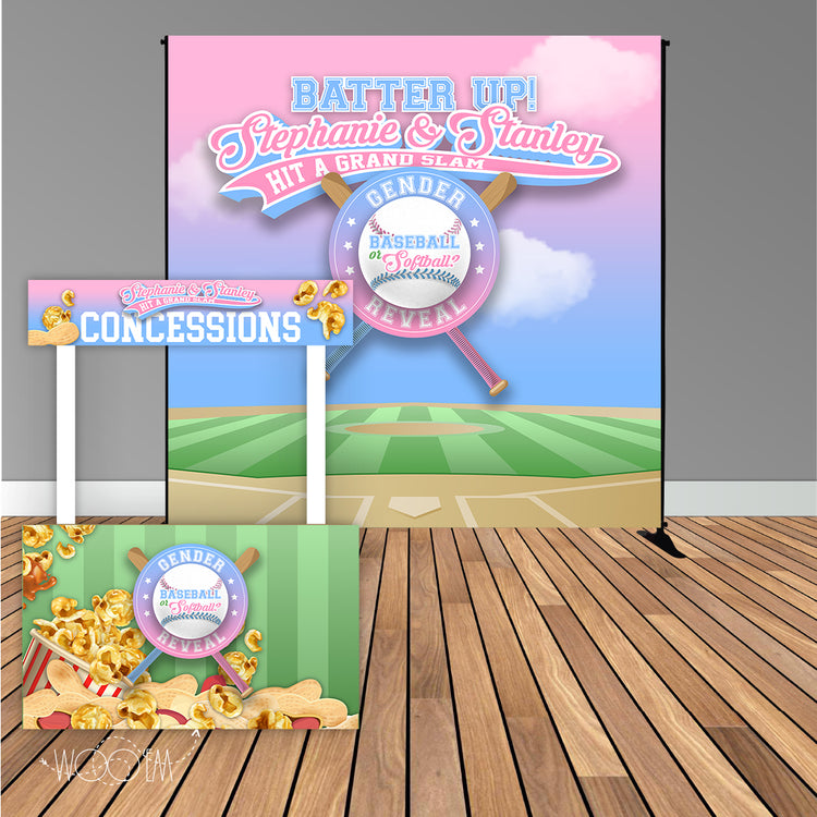 Baseball or Softball Gender Reveal 8x8 Backdrop / Step & Repeat, Desig Woo'em Design