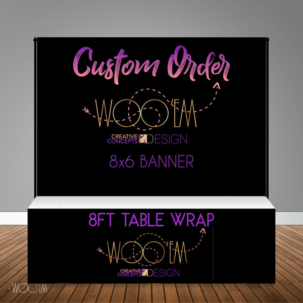 Custom 8x6 Table Banner Backdrop with 8ft Table Wrap/ Step & Repeat, Design, Print and Ship!