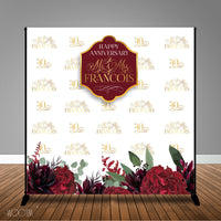 Burgundy and Gold Floral Wedding Anniversary, 8x8 Backdrop / Step & Repeat, Design, Print and Ship!