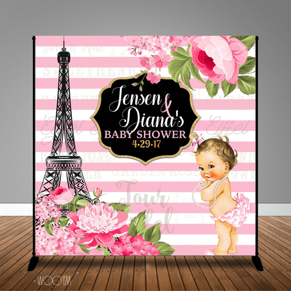 Stripes & Floral Paris Parisian Themed Baby Shower 8x8 Backdrop, Design, Print & Ship!