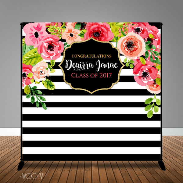Stripes and Watercolor Floral 8x8 Backdrop / Step & Repeat, Design, Print and Ship!