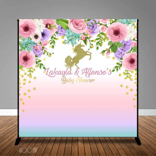 Unicorn with Floral Themed, 8x8 Backdrop / Step & Repeat, Design, Print and Ship!