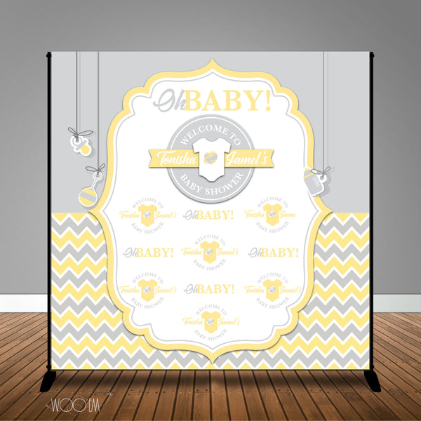 Yellow Grey Chevron Baby Shower 8x8 Backdrop / Step & Repeat, Design, Print and Ship!