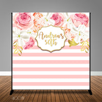 Blush Coral Stripes and Floral Birthday 8x8 Backdrop, Design, Print & Ship!